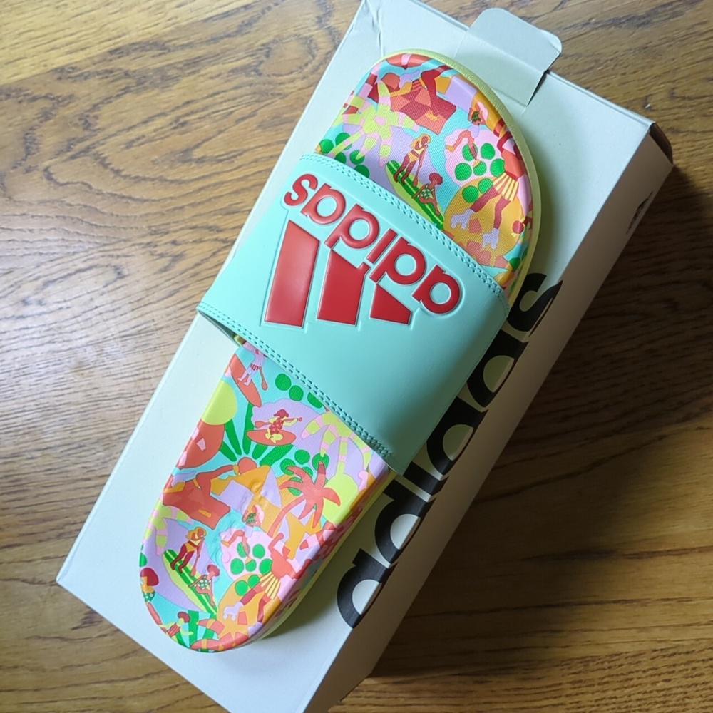 NIB FARM Rio Slide Sandals Adidas Collaboration Women's Size 10 Blue Beach Print - Picture 2 of 14